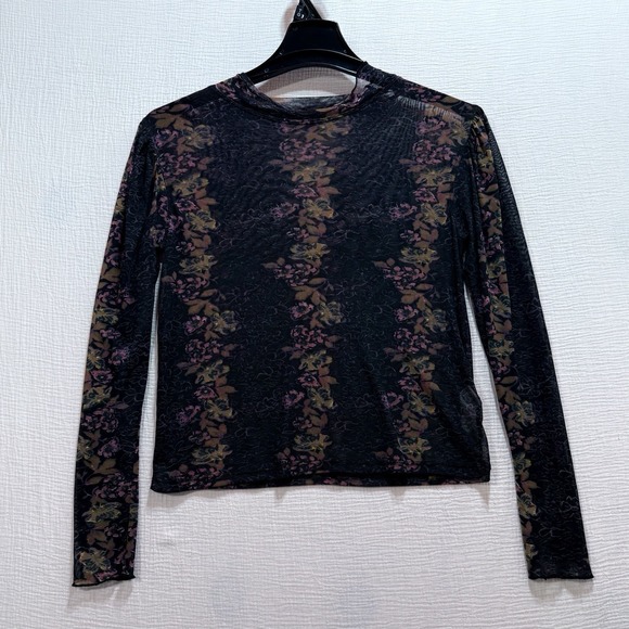 Free People Amber Womens Top M Sheer Black Brown Floral Mock Neck Long Sleeves - Picture 2 of 10